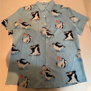 Men's Light Blue Penguin Print Casual Button Down Short Sleeve